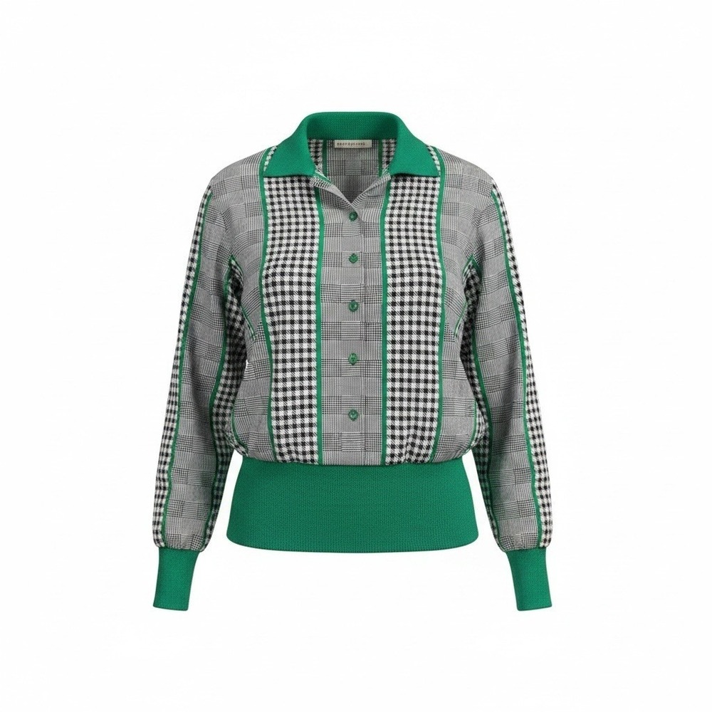 Vintage 80s Blouse L Green Houndstooth Plaid Knit Trim Mod Eclectic Grandpa